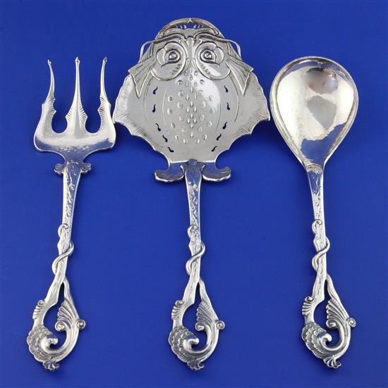 A cased set of three ornate Norwegian 830 standard silver servers by K. Hagen, 11 oz.